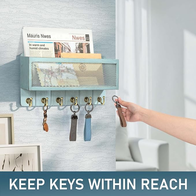 Rebee Vision Key Holder Wall Mount with Mail Basket for Home Decor, Blue | Pine Wood, Key Holder for Wall, 6 Key Hooks, Wood Mail Organizer, Organizes Keys and Letters, Practical Gift, Home Essential