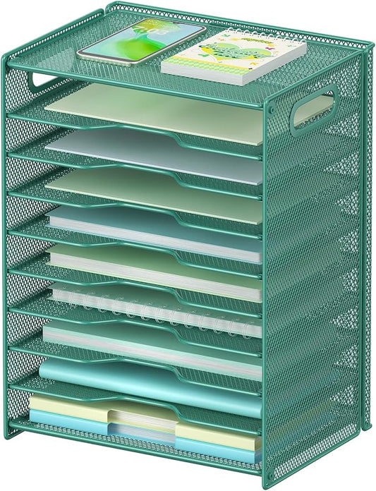 OUTWOLF 10 Tier Paper Organizer - Letter Tray Mesh Desk File Organizer with Handles for Office School Desktop, Green
