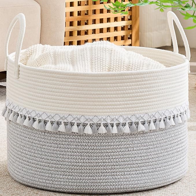 KAKAMAY Large Blanket Basket with Handles, Storage Basket for Living Room | Extra Large Capacity | Natural Cotton Rope | Blanket Storage | Woven Storage Basket | Stuffed Animal Storage | Laundry Basket