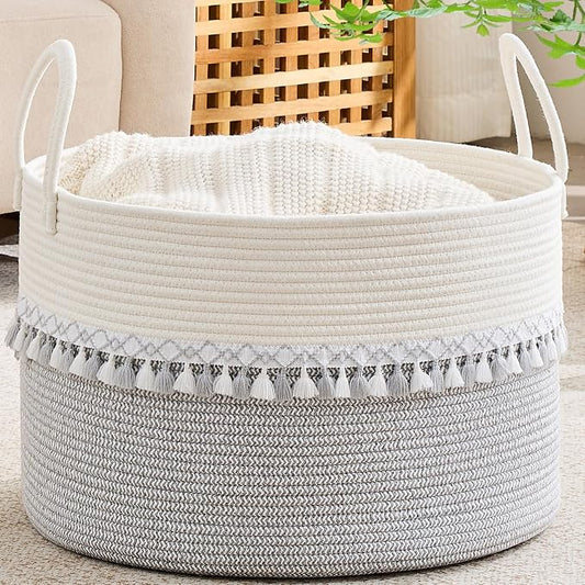 KAKAMAY Large Blanket Basket with Handles, Storage Basket for Living Room | Extra Large Capacity | Natural Cotton Rope | Blanket Storage | Woven Storage Basket | Stuffed Animal Storage | Laundry Basket