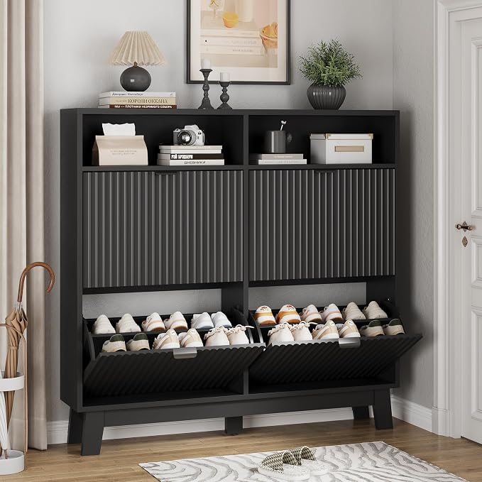 Xixini Shoe Cabinet with 4 Flip Drawers, 46" Tall Narrow Fluted Shoe Storage Organizer for Entryway, Hidden Slim Wooden Shoe Rack Cabinet for Front Door Entrance, Hallway, Living Room, Solid Black