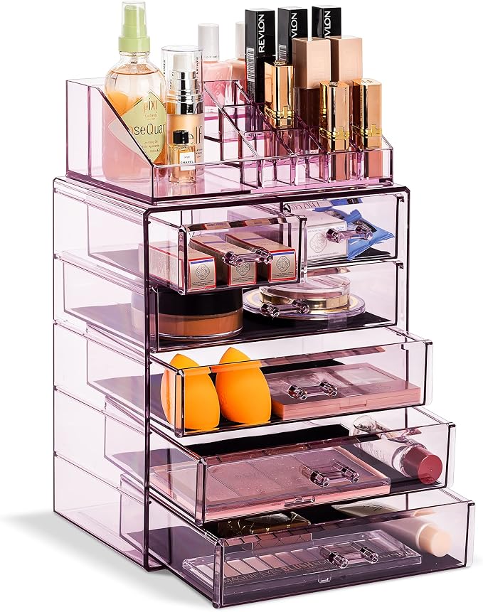 Sorbus Acrylic Makeup Organizer Set, 6-Drawer Vanity & Countertop Cosmetic Storage with Small & Wide Compartments, Purple Makeup Storage for Brushes, Jewelry – Holiday Gift for Women & Teens