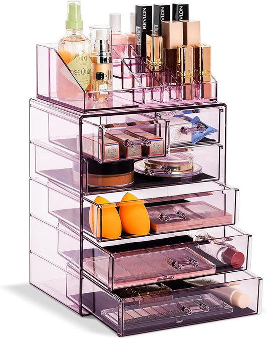 Sorbus Acrylic Makeup Organizer Set, 6-Drawer Vanity & Countertop Cosmetic Storage with Small & Wide Compartments, Purple Makeup Storage for Brushes, Jewelry – Holiday Gift for Women & Teens