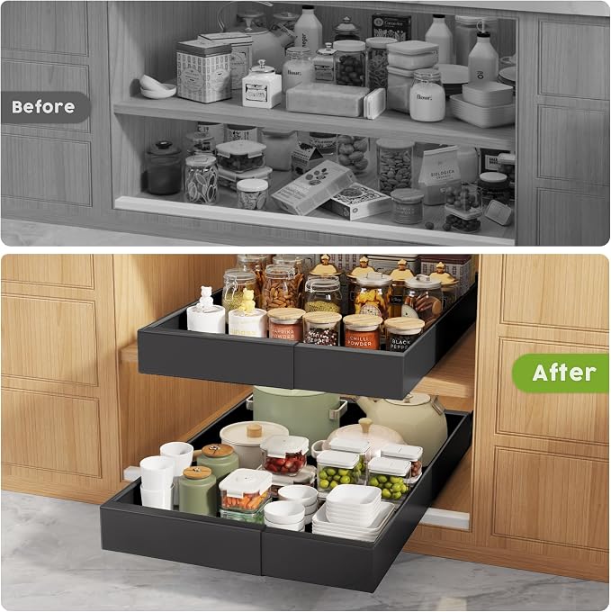 Seinloes 2 Pack Pull Out Cabinet Organizers 21" Deep With Raising Pad for Framed Cabinets, Expandable Width (9"-14") Slide Out Drawers Upgrade 3 Slide Rails, Roll Out Shelves Adhesive, Black