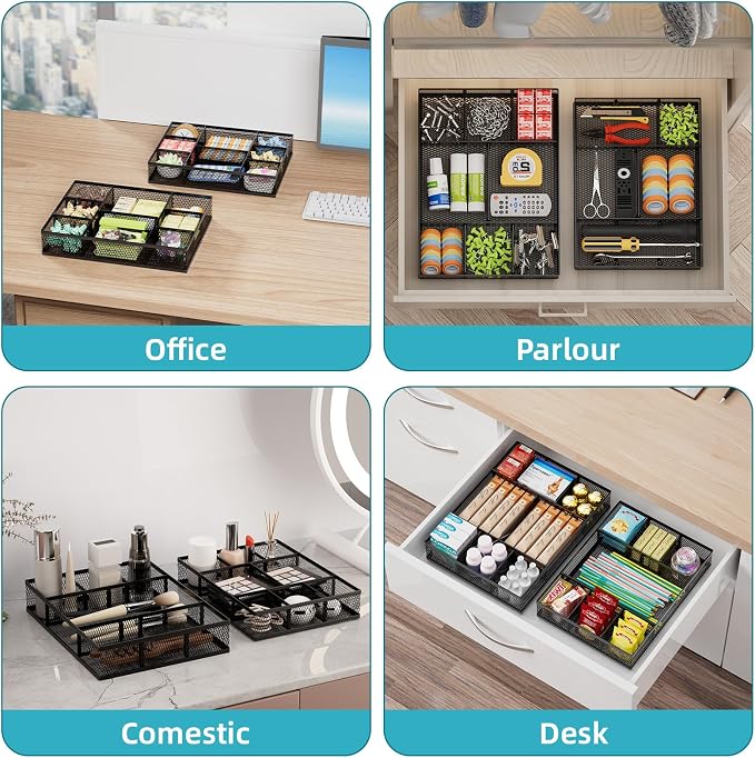 Marbrasse 2 Pack Desk Drawer Organizer, Mesh Drawer Organizer Tray with 8 Adjustable Compartments, Desk Organizers and Accessories, 5 Dividers Drawer for Office Supplies, Makeup & Vanity (Black-2P)