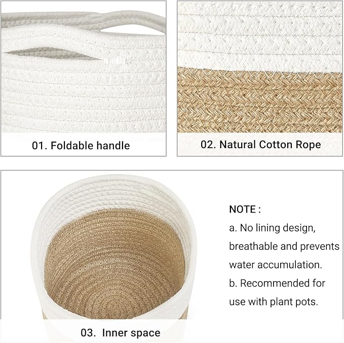Dahey Plant Basket Indoor for 7 inch Pot Woven Jute Planter, White & Beige | Fits 6"-7" Planters, Reinforced Structure, Foldable Laundry Bin with Handles, Jute Cotton Rope, Decorative Flower Pot Cover