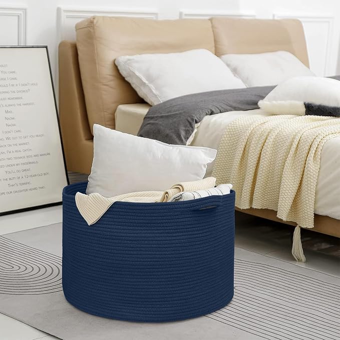 Dark Blue Basket for Organizing, 22" x 14" Extra Large Woven Cotton Rope Laundry Basket, Blanket Storage for Living Room Bedroom, Big Nursery Kids Toy Box Organizer, Pool Towel Storage Bin