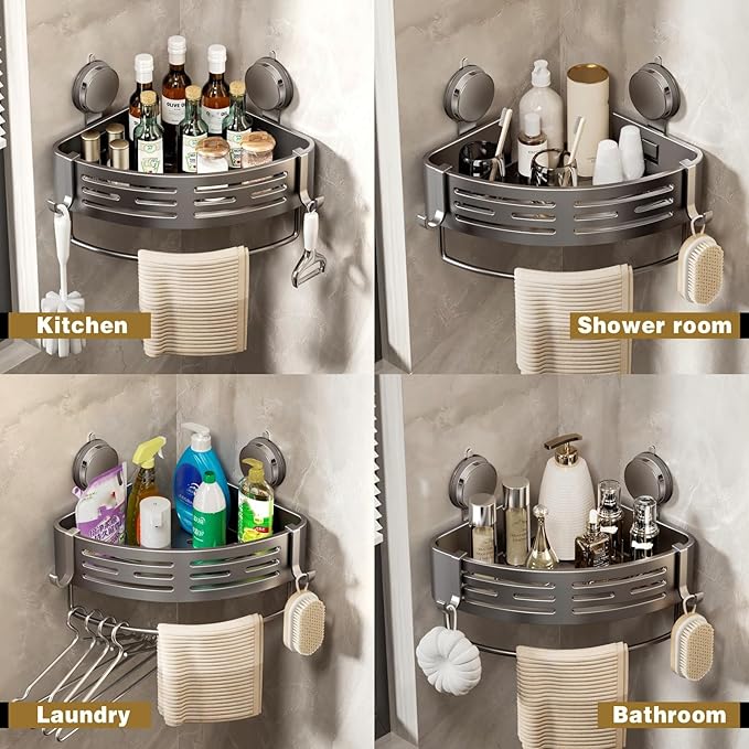 VOLPONE Corner Shower Shelf Suction Cup Shower Caddy Corner No Drilling Bathroom Shower Organizer Storage Rack Adhesive with Towel Bar (3-Pack, Gray)