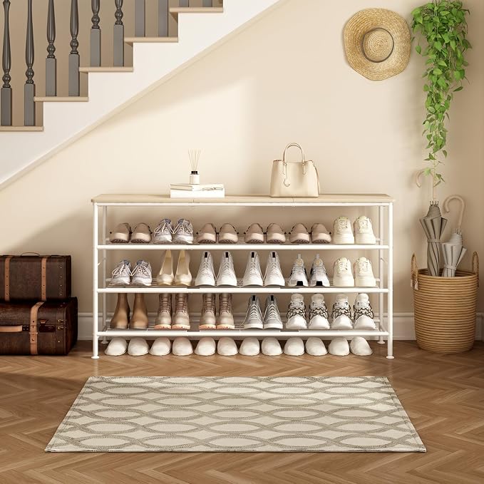 SUOERNUO 4 Tier Extra Long Shoe Rack Organizer Storage for Closet Entryway | Large Capacity Shelf,MDF Top Board,Sturdy Metal Frame,Ideal for Living Room,Hallway White