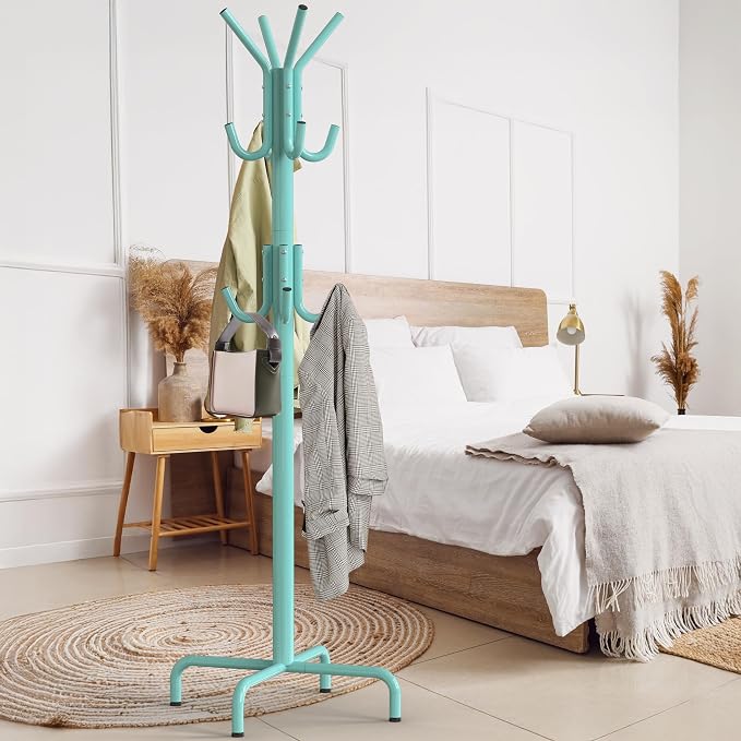 Simple Houseware Standing Coat Hanger Organizer Rack, 12 Hooks, Turquoise | For Entryway, Bedroom, and Hallway