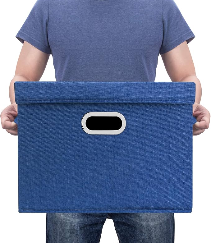 Large Storage Bins with Lids, Collapsible, Washable, Fabric Storage Boxes for Organizing, 17.3x11.8x11.4 inches, 3 Pack, Classic Blue