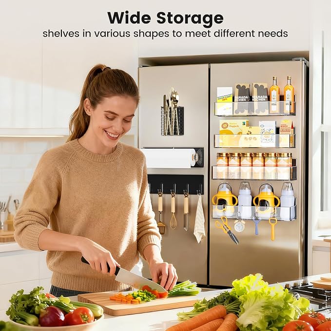 Mystozer Magnetic Spice Rack for Refrigerator,7 Pack Magnetic Shelf,Fridge Magnet Organizer with Paper Towel Holder,Utensils Racks,Hook Rack,Fridge Organizers and Storage Clear(7 Pack)