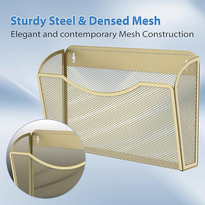 MINDEPOT Wall File Organizer, Hanging Wall File Holder, 3 Pack, Gold | Heavy Duty Iron, Metal Mesh Wall Mount, Single Pocket, Mail Organizer, for Office School Classroom Home, Letter A4 Size