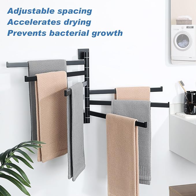 Alise 6 Arm Swivel Towel Rack, Matte Black Swivel Out Towel Bar, 13.6 Inch | Space Saving Swing Arm Towel Rack for Bathroom Kitchen Outdoor, 180° Rotating, SUS304 Stainless Steel