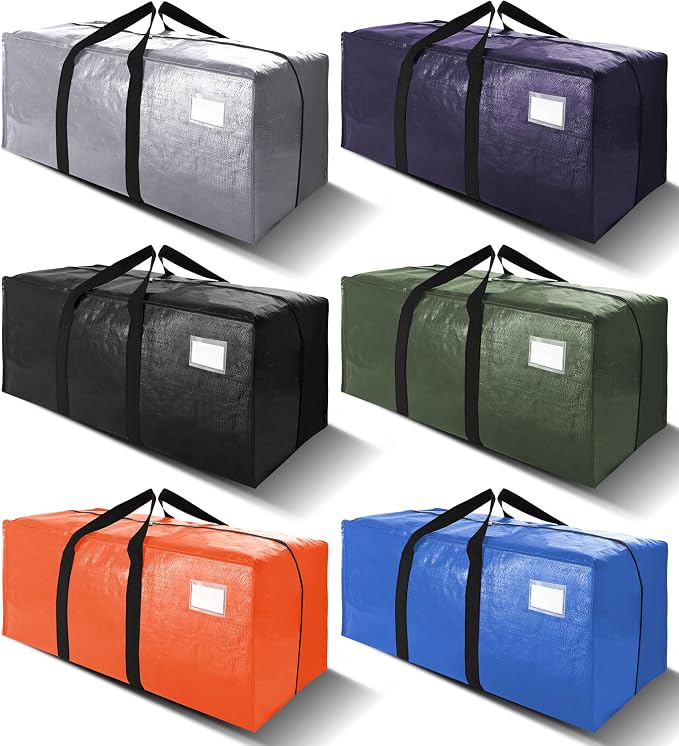 VELVETSURE Heavy Duty Extra Large Moving Bags W/Backpack Straps - Strong Handles & Zippers, Storage Totes For Space Saving, Fold Flat, Alternative to Box and Bin (Set of 6, Multicolor)