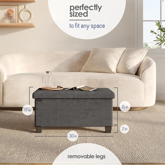 Storage Ottoman Bench with Bins, 30-in Storage Bench for Bedroom End of Bed, Folding Foot Rest Ottoman for Living Room Max 660lbs, Velvet Ottomans, Grey