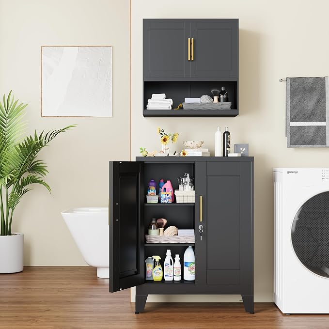 GAIOUS 36" Black Metal Storage Cabinet with Lock, Locking Cabinet with 2 Doors and 2 Adjustable Shelves, Bathroom Floor Cabinets, Freestanding Locked File Cabinets for Home/Office/Garage