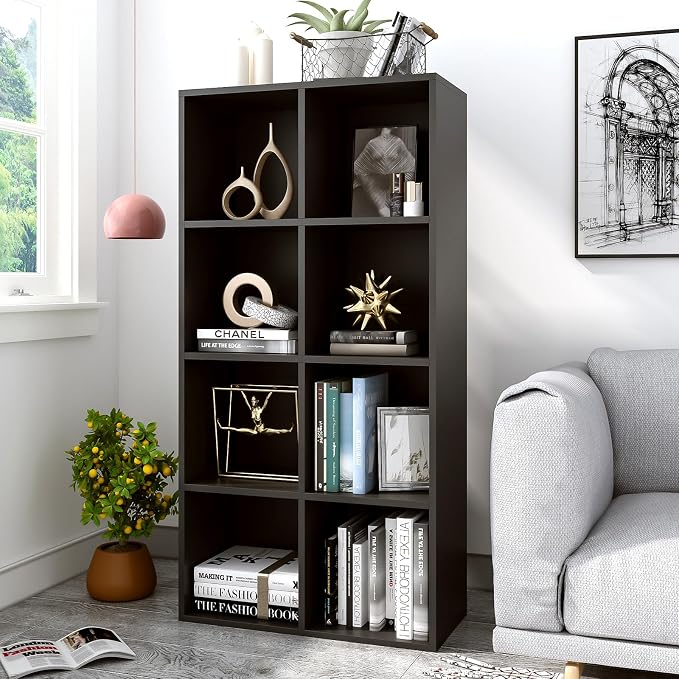 OSCHF 8-Cube Storage Shelf Bookcase, Black | Wooden 4-Tier Open Bookshelf, Fits 11×11" Bins, Vertical or Horizontal Use, Full Back Panels, For Home Office