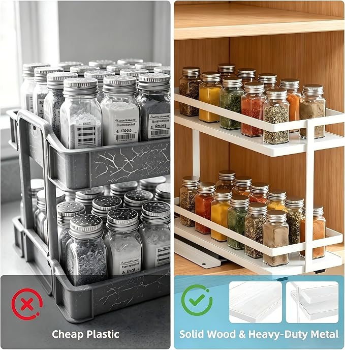 Pull Out Spice Rack 4Pcs Metal & Wood Seasoning Organizer White | No-Drill Install | Full-Extension Silent Glide | Each Tier Holds 10–12 Standard Spice Bottles | Rustproof, Wipe-Clean Surface