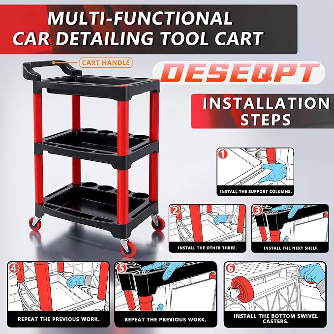 Auto Detailing Cart with Wheels, 3 Tier Rolling Detail Cart | Car Wash Organizer for Detailers Garage, Workshop, Repair Shop, Storage Tool
