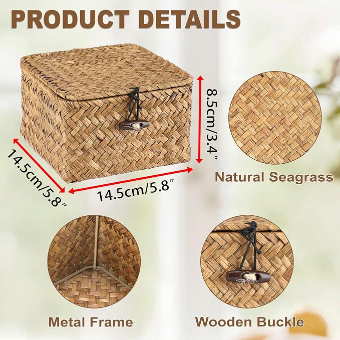 Hipiwe Wicker Shelf Basket Bin with Lid X-small Square Seagrass Storage Box | Handwoven Baskets Bin Boxes Multipurpose Household Organizer for Shelves Home Decor, Caramel Color