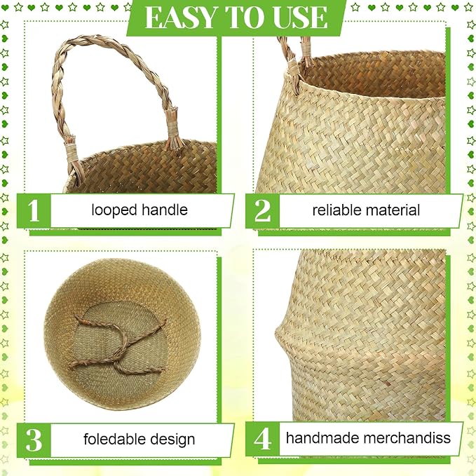 Qunclay 4 Pcs Woven Seagrass Baskets Belly Basket Folding Boho Natural Plant Pot with Handles Round Decorative Wicker Large Indoor Planter for Home Outdoor Tree Planters Decor (XL,12''dx13.8''h)