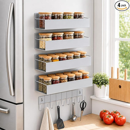 SMRCAD Metal Magnetic Spice Rack 4 Pack with Hook – Heavy-Duty | Iron construction, dust-resistant, fits condiment bottles, includes screws for optional wall mount