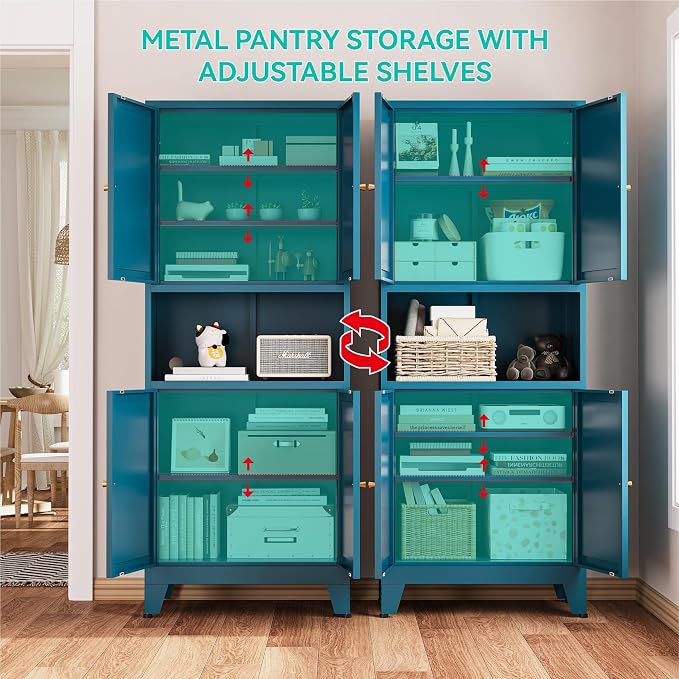 69" Tall Pantry Cabinet with Open Shelf,13.78“Deep By 28" Wide Storage Cabinet with Doors and Adjustable Shelves,Microwave Stand,for Kitchen Dining Room Living Room Bathroom,Teal Blue,1Pc