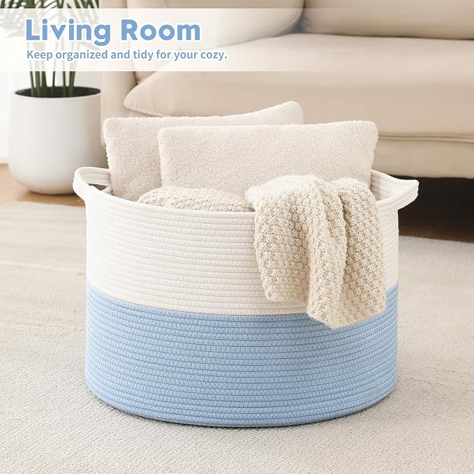 Foldable Laundry Hamper Basket with Collapsible Handle Cotton Rope Soft Woven Fabric Storage Organizer Clothes Toys Nursery Bedroom Dorm Space Saving Bin (White & Blue, 80L(21.7"D x 13.8"H))