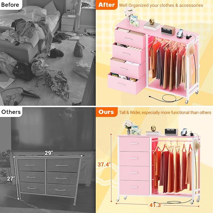 Cyclysio Storage Clothes Rack with 4 Drawers, Garment Rack with Charging Station & LED Lights, Fabric Chest Shelves Clothing Rack, Wooden Portable Wardrobe Closet