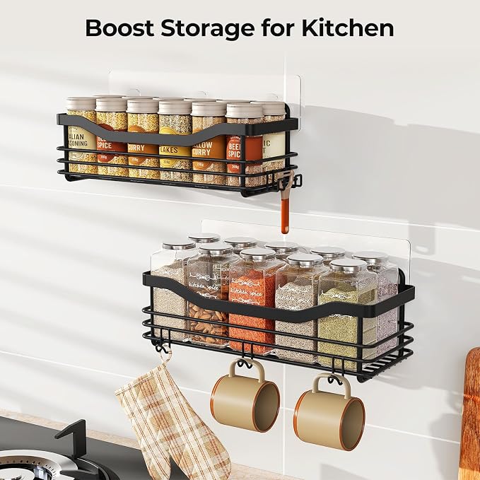Orimade Adhesive Shower Caddy Shelf with 5 Hooks Organizer Storage Rack Rust Resistant Wall Mounted Stainless Steel No Drilling for Bathroom, Toilet, Kitchen - 2 Pack,Black