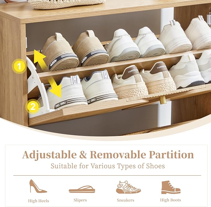 BERRYMERRY Natural Shoe Cabinet with 2 Flip Drawers Fluted Recessed | narrow,entryway,16 pairs shoe,shoe organize,hidden shoe rack,fluted panel,wave pattern,wood,space saving