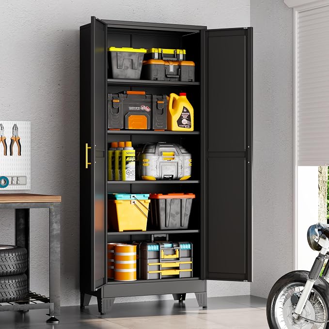 71" Black Metal Storage Cabinet with 2 Doors and 4 Adjustable Shelves,Steel Garage Tool Cabinet, File Cabinet,Kitchen Pantry Cabinet for Home,Office,Garage,School,Warehouse