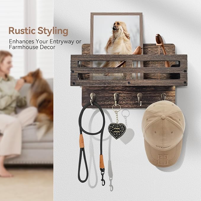 Key Holder Wall Mount Farmhouse Key Hooks for Wall with Mail Organizer Decorative Key Rack with 4 Sturdy Hooks for Dog Leash, Sunglasses, Rustic, Paulownia Key Hanger for Entryway, Brown