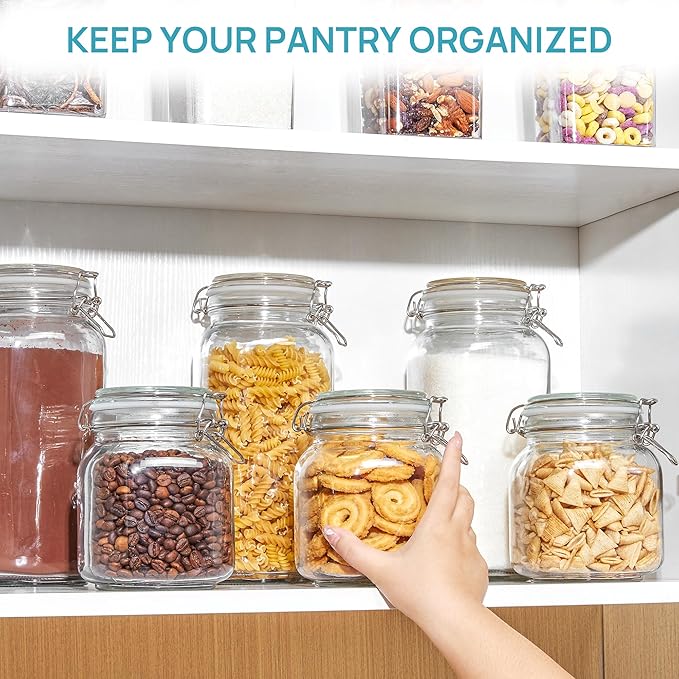 Vtopmart 78oz Glass Food Storage Jars with Airtight Clamp Lids, 3 Pack | Large Kitchen Canisters, For Flour, Sugar, Cereal, Coffee, Pasta and Canning, Square Mason Jars