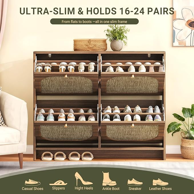 Nicetree Freestanding Ultra Slim Arched Accent Entryway Shoe Storage - 4 Flip Drawers & 3-Tier Adjustable Shelves, Modern Slim Shoe Cabinet for Hallway, Foyer (flip Down Shoe Cabinet | Amber Oak)