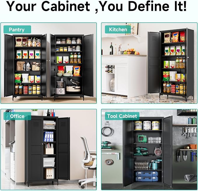 SISESOL Metal Storage Cabinet with Doors and Shelves,Black Storage Cabinet with Leg,Metal Pantry Cabinets,Ventilated Pantry Closet,Tall Large Cupboard for Home,Kitchen,Dining/Living/Laundry Room