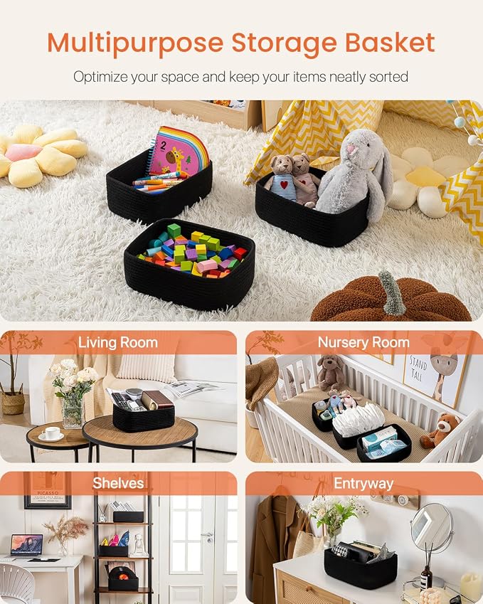 KALLAX Small Woven Storage Basket for Organizing, 12 x 8 x 4.5 inch, 3 Pack | Shelf baskets for closet organization, toy storage and home decor, Perfect as empty gift baskets for holidays, Black