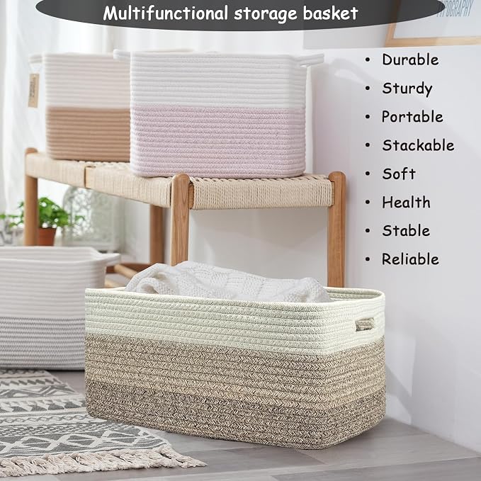 COMFY-HOMI Cotton Rope Woven Basket with Handles for Shelves,Toys,Book, Cloth Storage Baskets Bin for Organizing- 1 PCSToy Decorative Organizer for Living Room, Bathroom 17" x 13" x 7.5"
