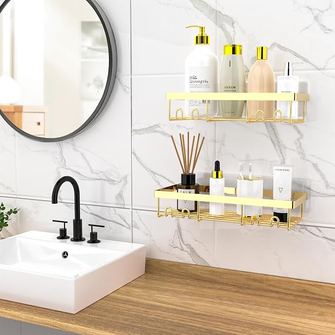 Moforoco Shower Caddy Shelf Organizer Rack, Self Adhesive Black Bathroom Shelves Basket, Home Farmhouse Wall Inside Organization and Storage Decor Rv Accessories, First Camper Apartment Essentials