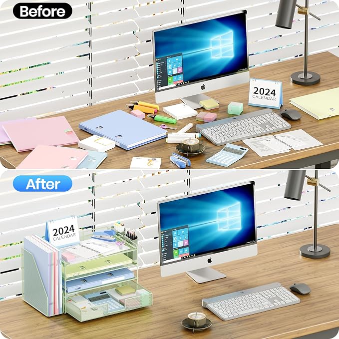 OPNICE Desk Organizer, 4-Tier Desktop File Organizer with Drawer and Pen Holders, Office Desk Accessories, File Sorters, Workspace Organizers for Office Supplies(Green)
