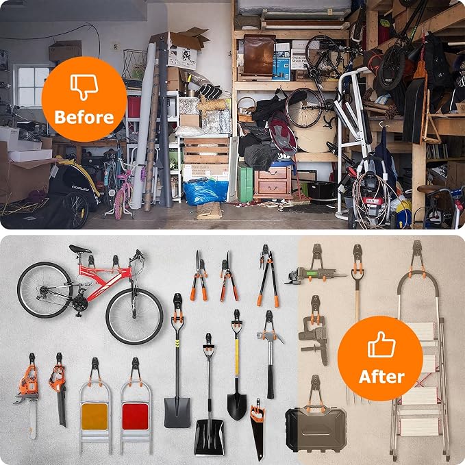 KOFANI Heavy Duty Wall Mount Steel 12 Pack Orange Garage Storage Hooks | Wall Hooks Geavy Duty for Hanging Bike, Ladder, Garden Tools,Broom,Hose，Anti-Slip Coating Garage Wall Organization