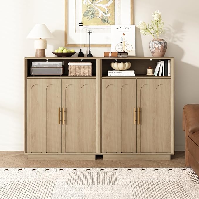 Set of 2 Shoe Cabinet with Arched Doors, 43" Hidden Storage, Oak | Tall Large, Adjustable Shelves, 5-Tier Mid Century Modern Shoe Rack Organizer, for Entryway Hallway Living Room