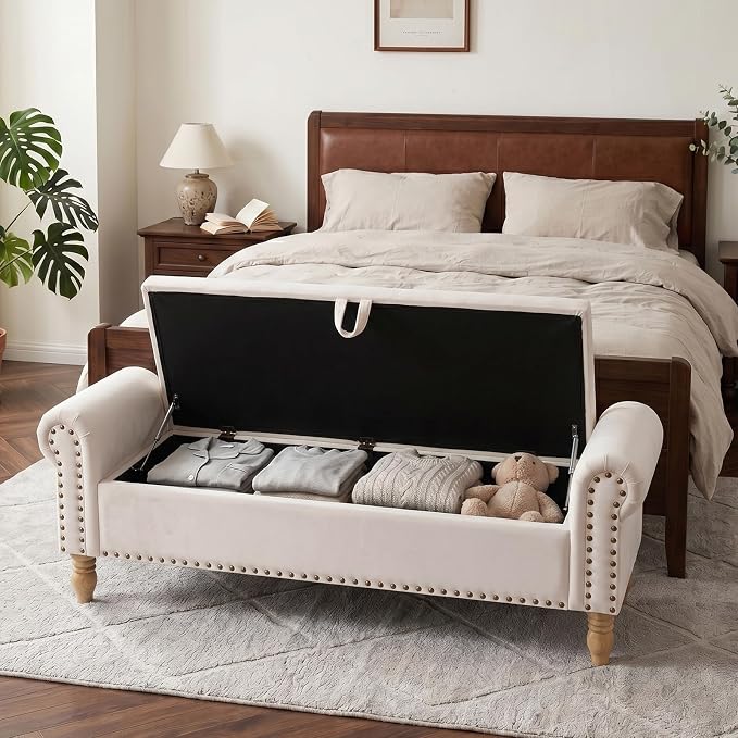 55" Bench for End of Bed Storage Benches, Queen End of Bed Bench Corduroy Upholstered Storage Ottoman Window Bench with Storage, for Bedroom, Entryway, Closet, Off-White