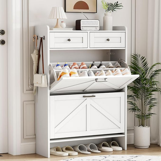Shoe Cabinet with 2 Flip Drawers & 2 Top Drawers, 43" Tall Freestanding Narrow Wooden Shoe Storage Organizer for Entryway, Hidden Slim Shoe Rack for Front Door Entrance, Hallway, Living Room, White