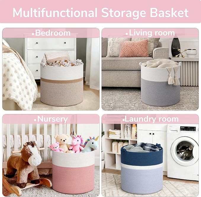 Goodpick 17"x16" Toy Storage for Kids, Home Décor Living Room, Decorative Blanket Basket for Girls Bedroom, Baby Laundry Basket With Handles, White & Pink