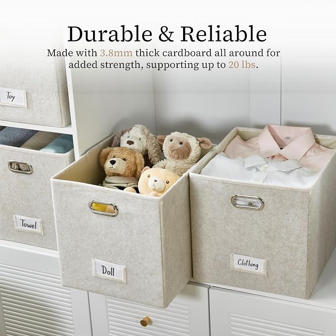 DECOMOMO Felt Storage Bins, 13x15x13 Storage Cube Bins with Labels | 4 Pack Storage Baskets for Shelves, Kallax (Beige)