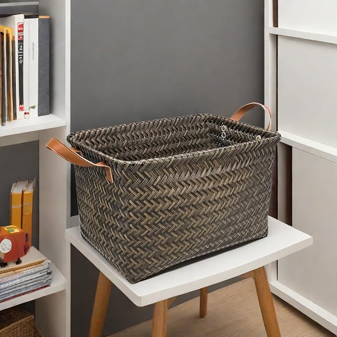 GIB Wicker Woven Storage Baskets for Organizing Blankets Laundry Shelves | Clothes Hamper, Large Closet Storage Bins Organizer, Living Room Toys Shoes Organization, Plastic Rattan, Espresso, 4 Pack