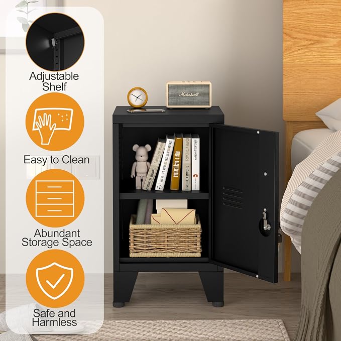 PAOFIN 24.4" H Black Metal NightStand Locker Storage Cabinet with 1 Doors, File Cabinet with Shelves, Storage Cabinet with Adjustable Leveling Foot for Home Office Living Room or Bed Room