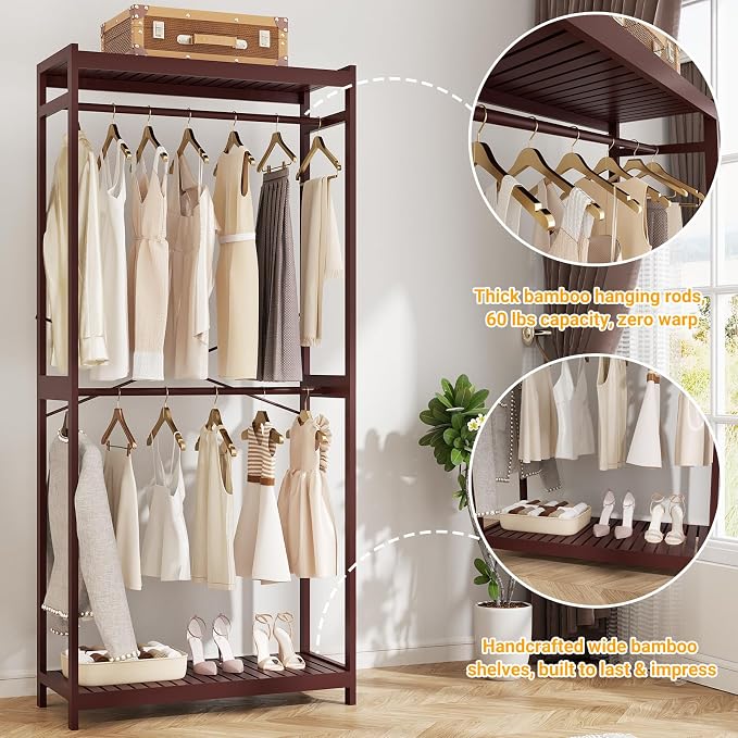 Bamboo Clothes Rack with Shelves and Double Hang Rods, Portable Closet System Garment Rack for Hanging Clothes, Tall Clothing Rack Corner Closet Organizer, Easy to Built, Espresso